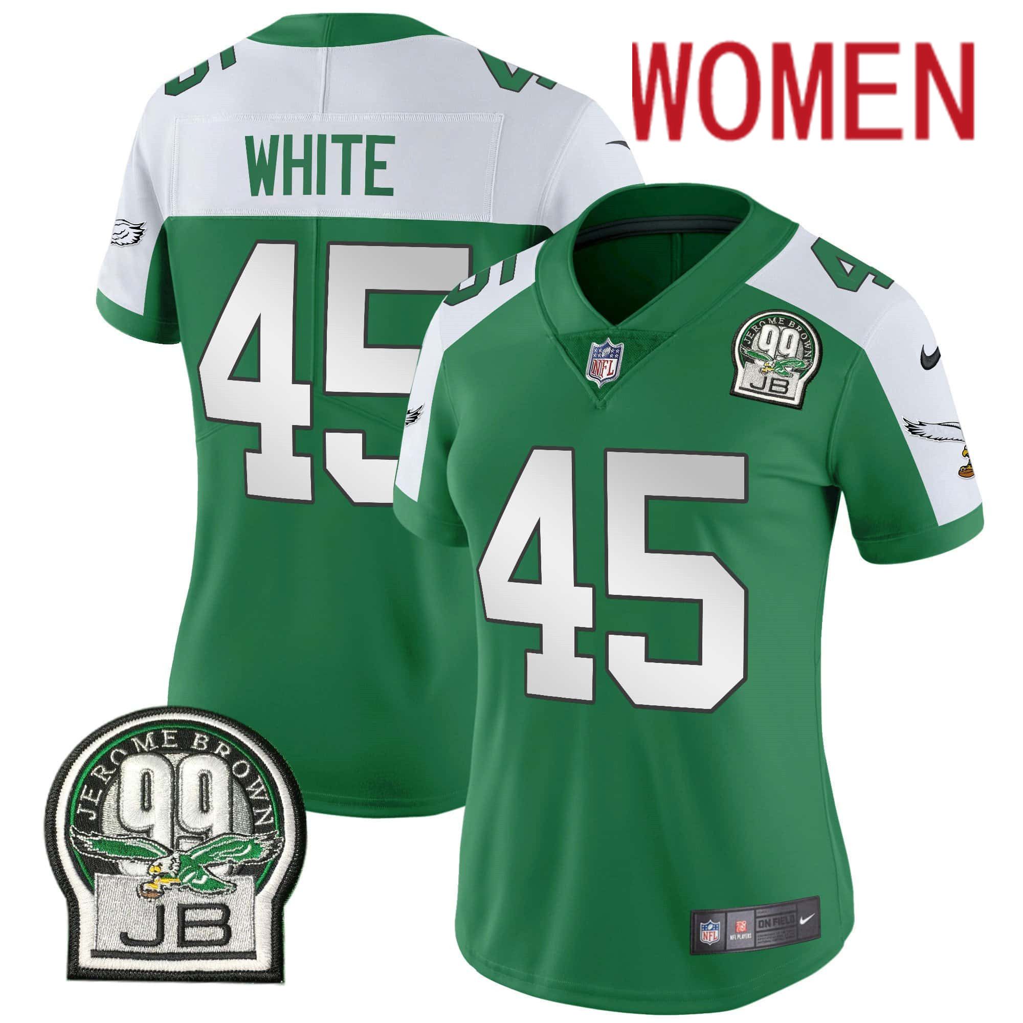Women Philadelphia Eagles 45 White Green 2024 Nike Jerome Brown Patch Alternate Limited NFL Jersey